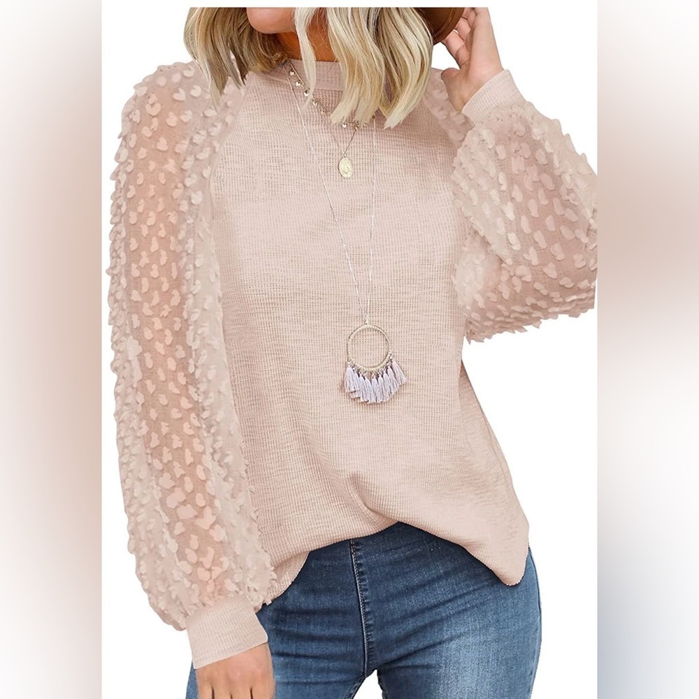 Large miholl sheer sleeve textured Applique sweater top oatmeal pale pink peach